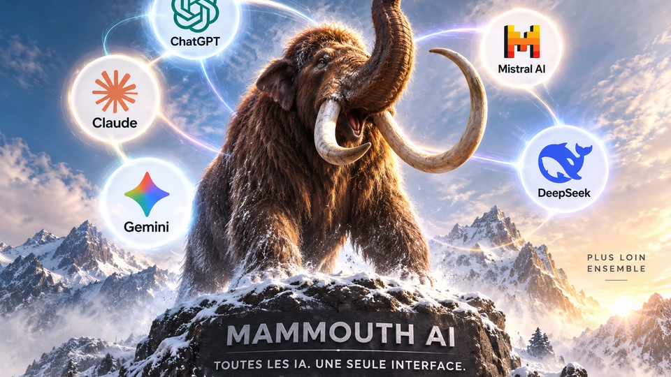 Illustration conceptuelle d’un mammouth entouré des principales familles d’intelligence artificielle accessibles via Mammouth AI.