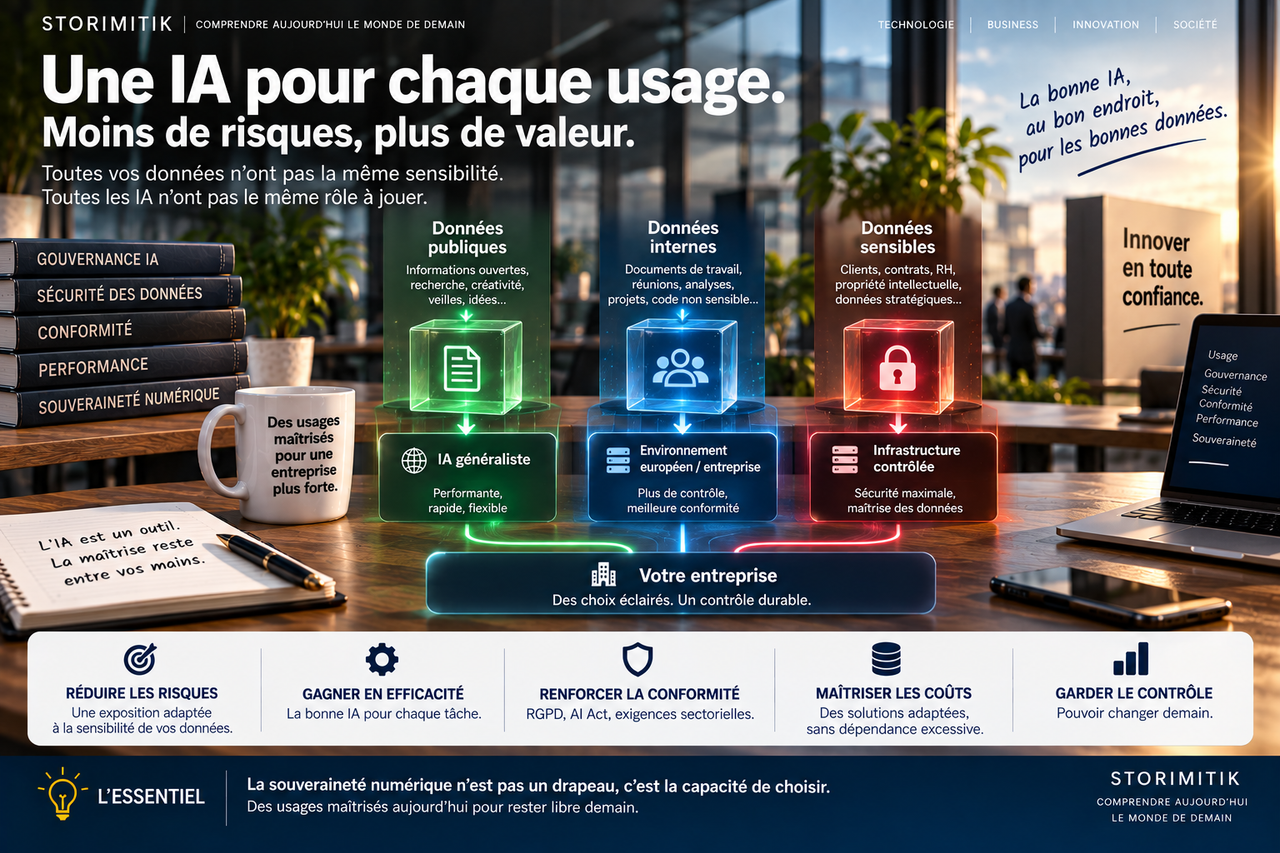 Illustration conceptuelle d’une stratégie hybride répartissant les usages IA selon la sensibilité des données.