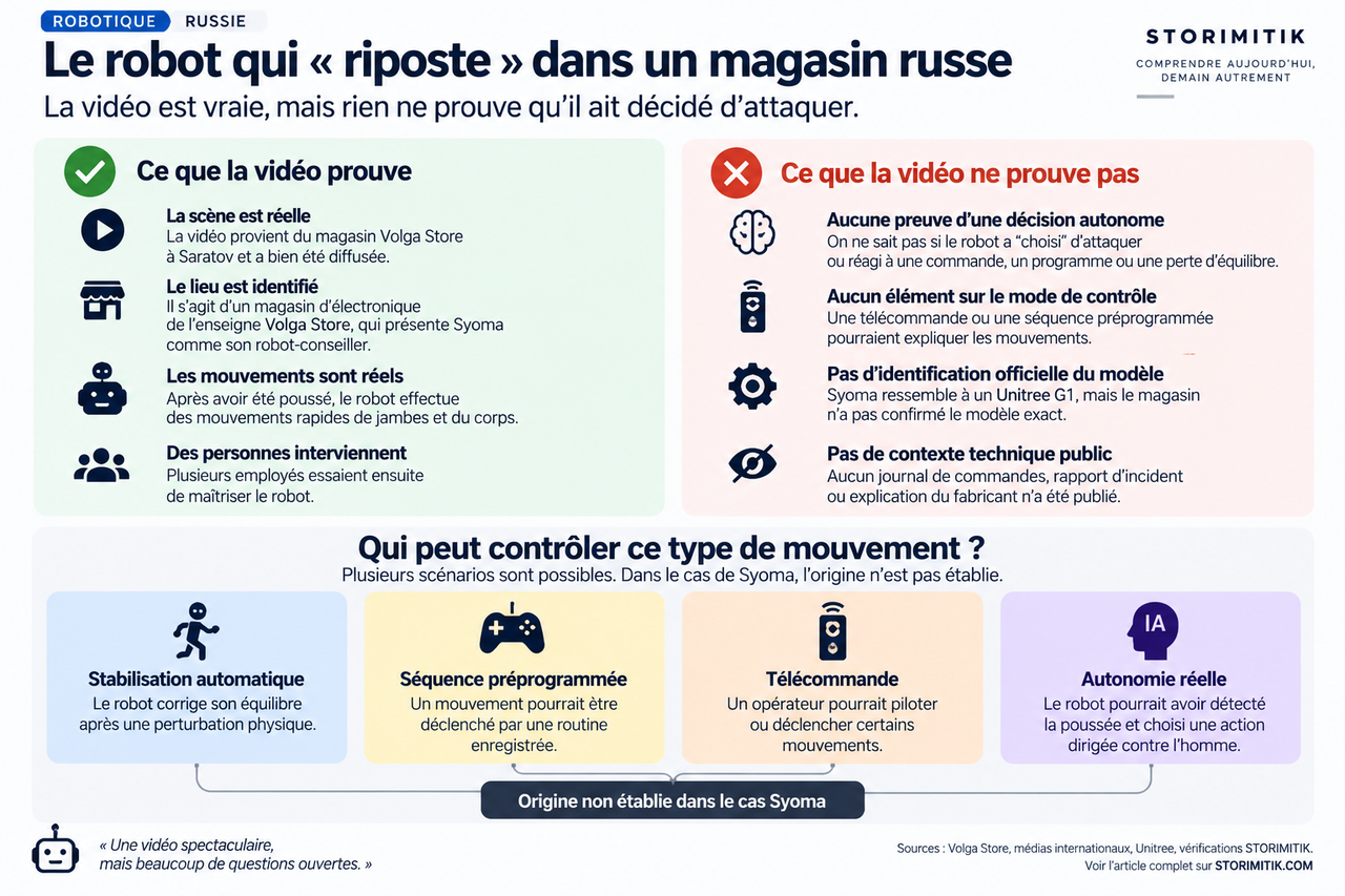 Infographie distinguant ce que la vidéo du robot Syoma prouve, ce qu’elle ne prouve pas et les différentes hypothèses de contrôle.