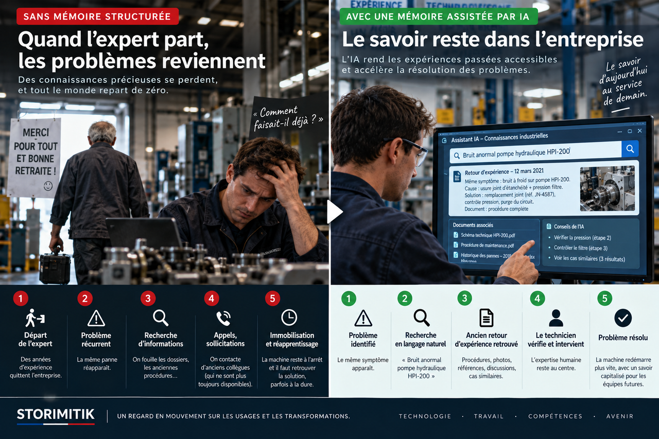 Diptyque éditorial STORIMITIK comparant une entreprise qui perd l’expertise d’un salarié à une organisation disposant d’une mémoire interrogeable assistée par IA.