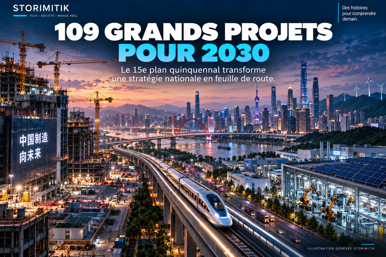 Illustration STORIMITIK du 15e plan quinquennal chinois 2026-2030, centré sur 109 grands projets d’infrastructures et d’industries.