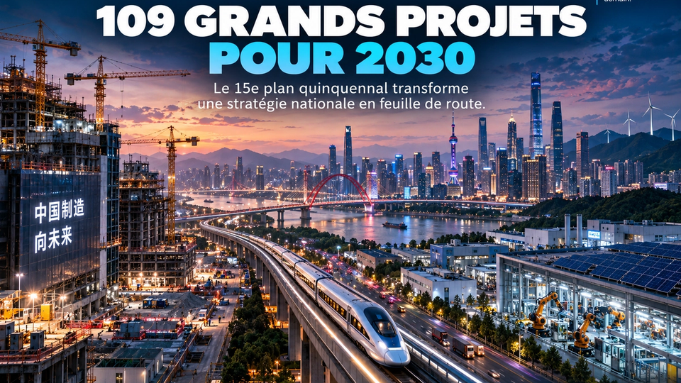 Illustration STORIMITIK du 15e plan quinquennal chinois 2026-2030, centré sur 109 grands projets d’infrastructures et d’industries.