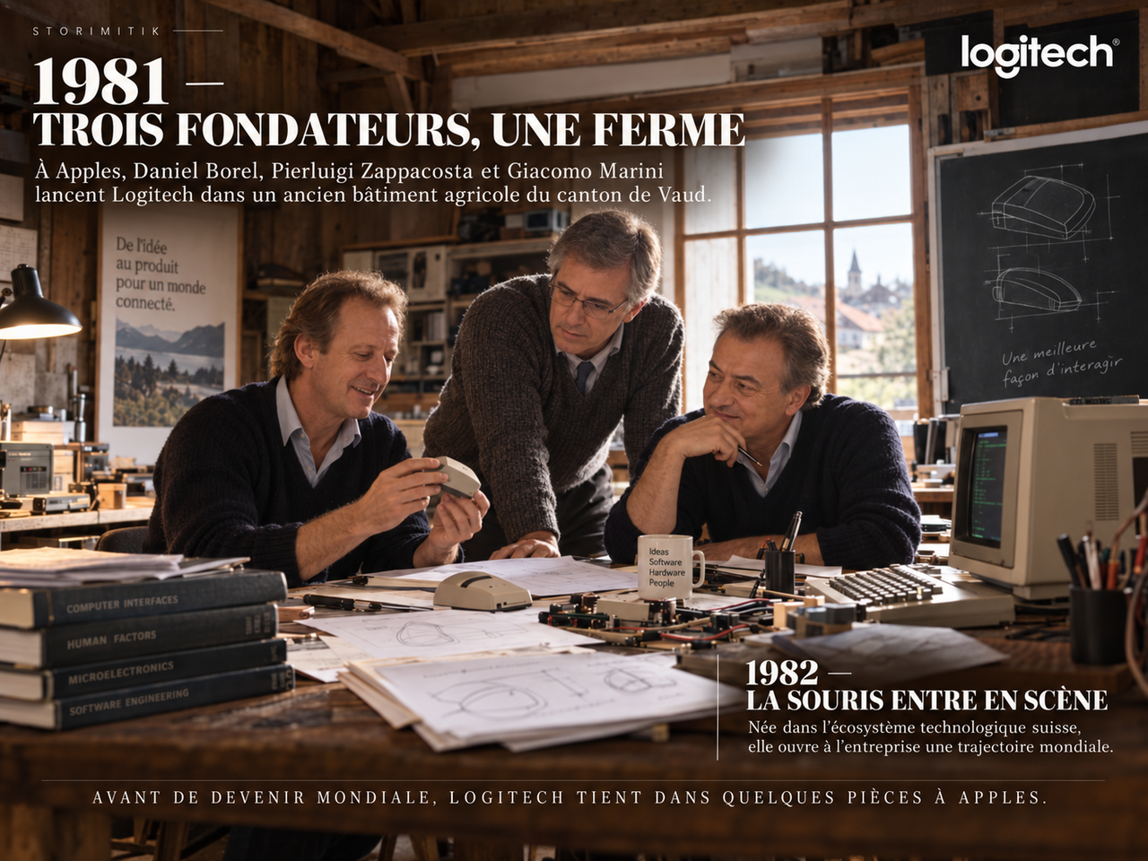 Reconstitution éditoriale STORIMITIK des débuts de Logitech à Apples avec Daniel Borel, Pierluigi Zappacosta et Giacomo Marini autour d’une souris et de matériel informatique.