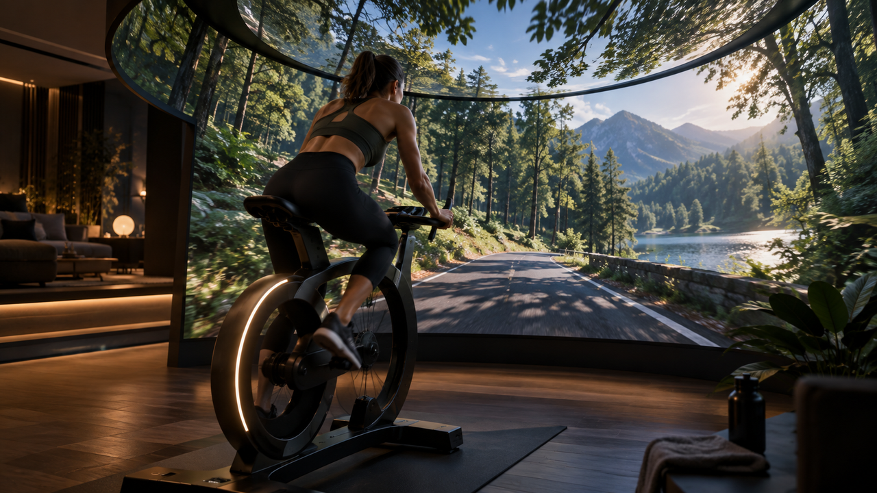 Illustration d’une cycliste sur vélo d’intérieur face à un immense écran panoramique montrant une route de montagne au bord d’un lac.