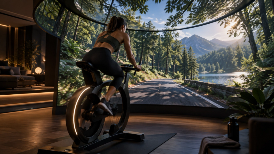 Illustration d’une cycliste sur vélo d’intérieur face à un immense écran panoramique montrant une route de montagne au bord d’un lac.