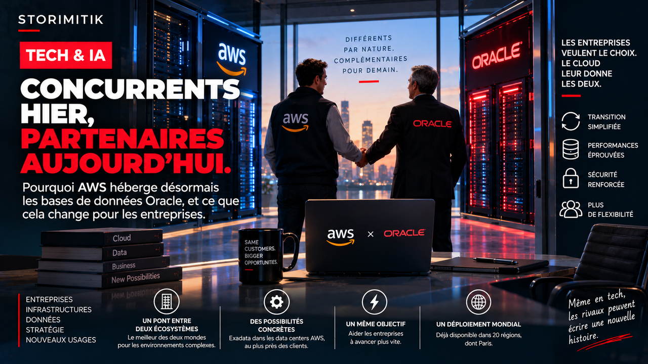 Illustration STORIMITIK montrant AWS et Oracle comme partenaires pour répondre aux besoins d’entreprises qui veulent combiner les deux écosystèmes.
