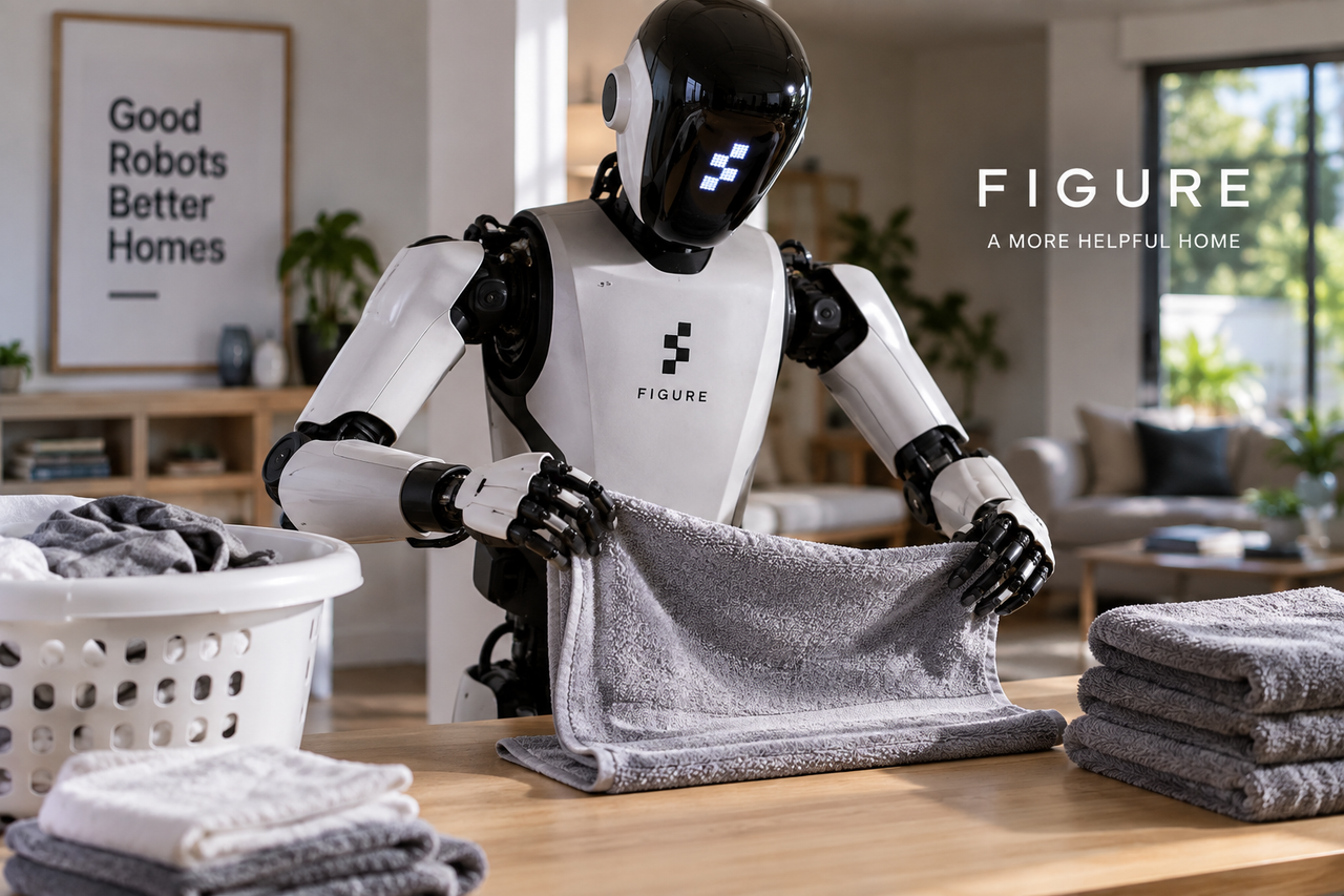 Illustration éditoriale d’un robot humanoïde pliant une serviette dans un intérieur domestique.