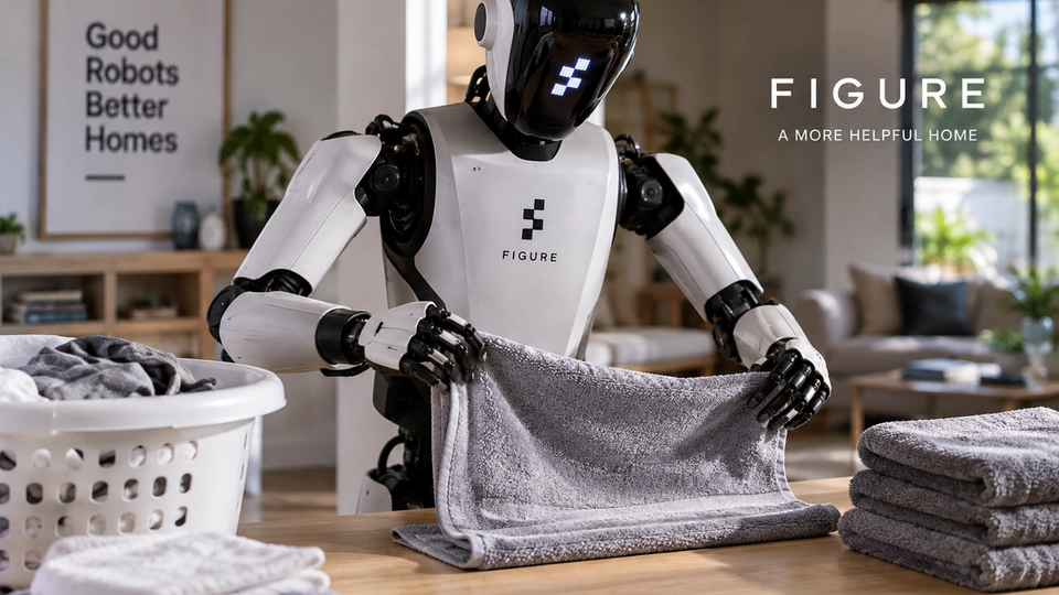 Illustration éditoriale d’un robot humanoïde pliant une serviette dans un intérieur domestique.