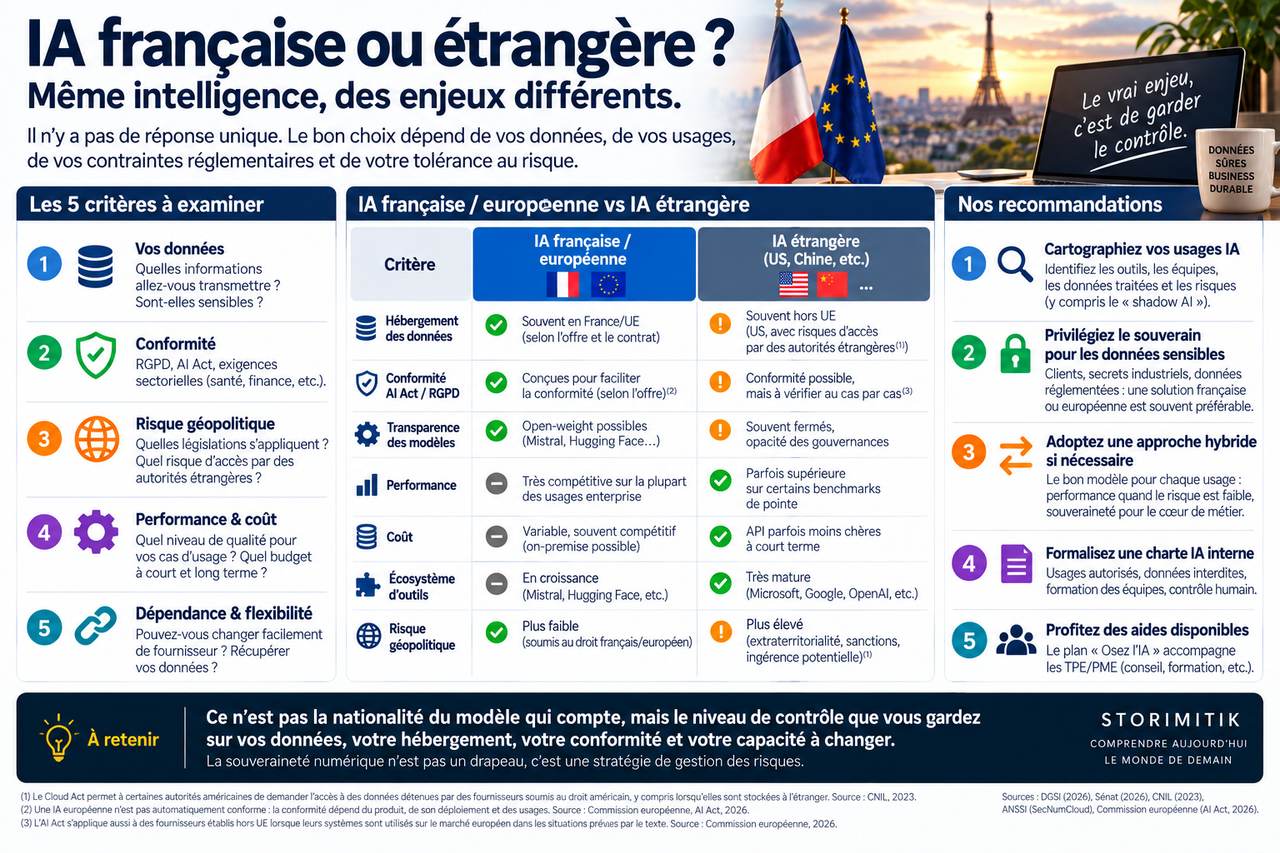 Infographie éditoriale comparant les critères à examiner avant de choisir une IA française, européenne ou étrangère.