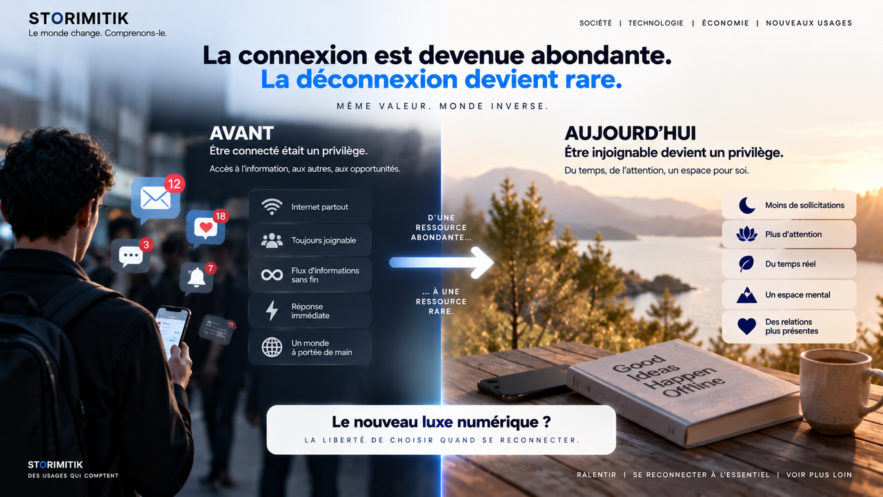 Infographie STORIMITIK opposant l’abondance de la connexion à la rareté de la déconnexion.