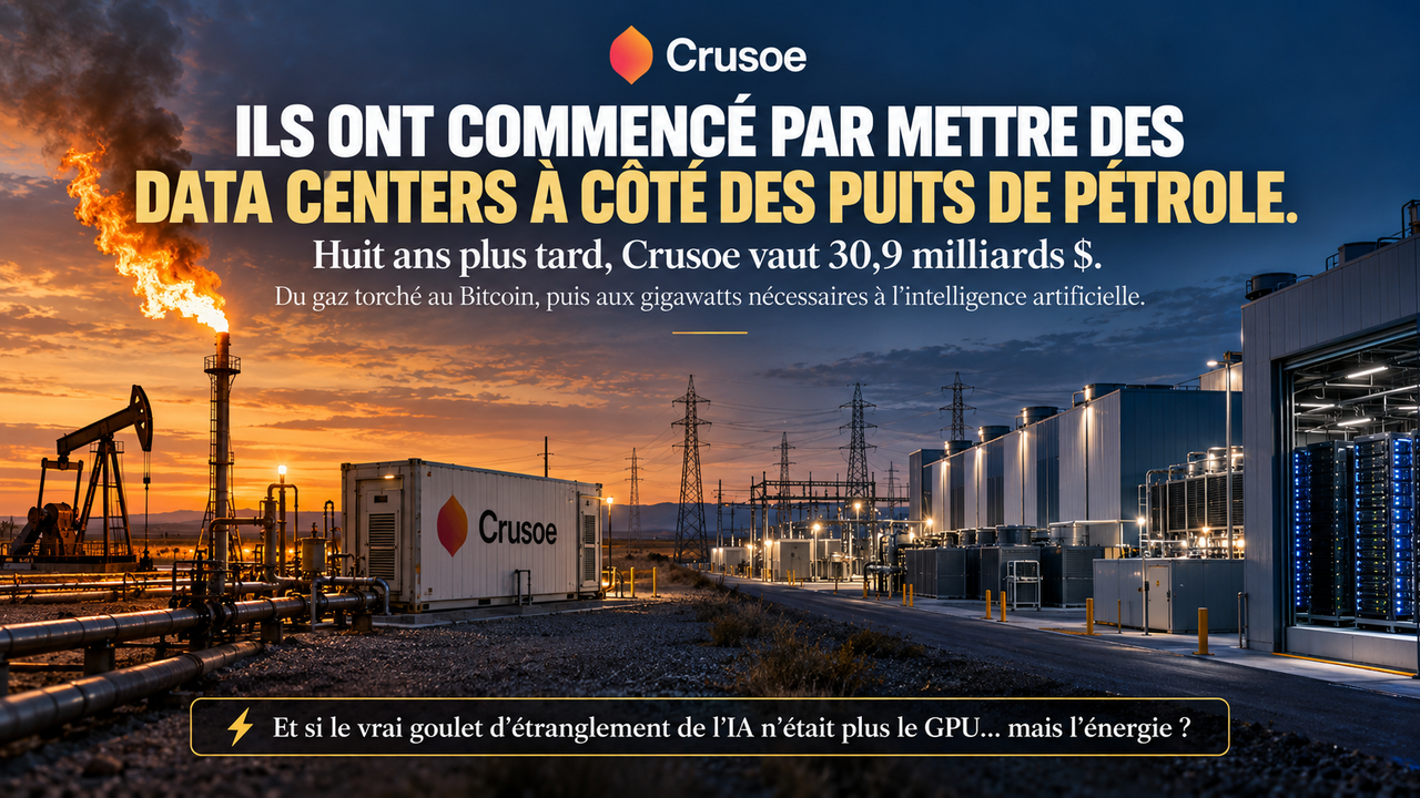Illustration éditoriale STORIMITIK montrant l’évolution de Crusoe, du gaz torché sur des champs pétroliers aux grands data centers dédiés à l’intelligence artificielle.