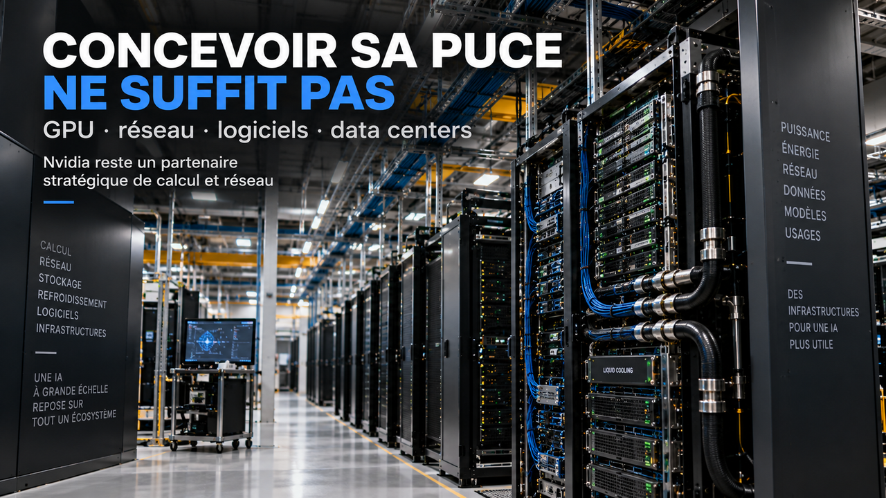 Illustration STORIMITIK d’un cluster de calcul IA réunissant racks, réseau, refroidissement et infrastructure de data center.