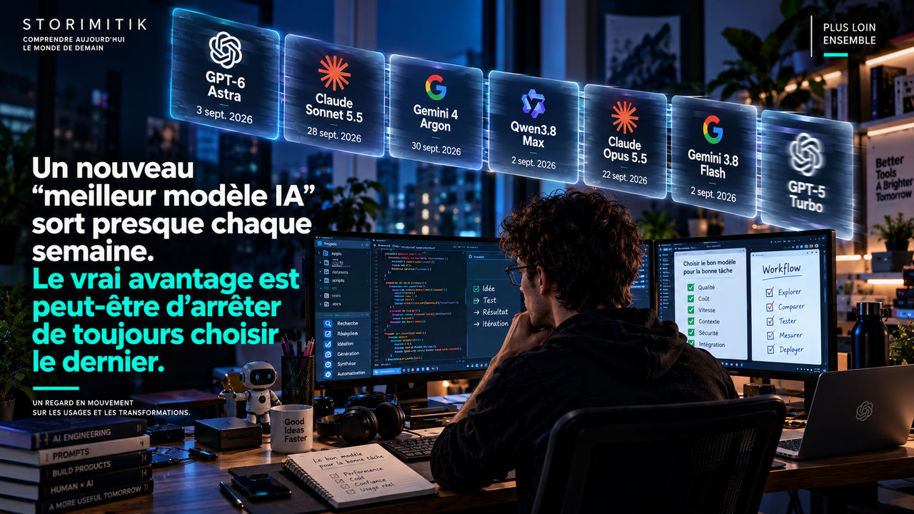 Illustration éditoriale STORIMITIK montrant un environnement de travail de développeur entouré de nouveaux modèles IA, avec l’idée qu’un workflow stable compte davantage que la dernière sortie.