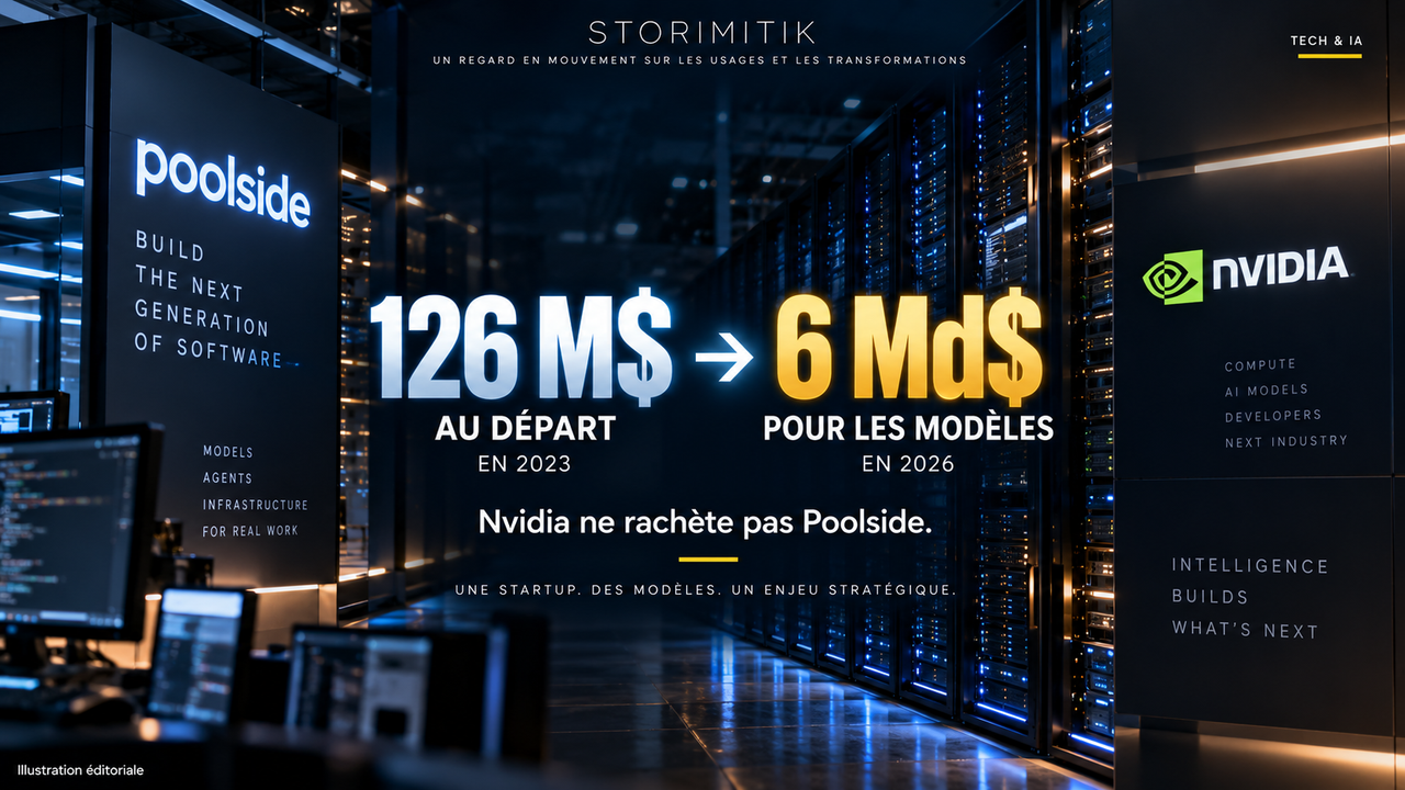 Illustration éditoriale STORIMITIK montrant la trajectoire de Poolside, de 126 M$ de financement initial à l’accord de licence de modèles rapporté à 6 Md$ avec Nvidia.