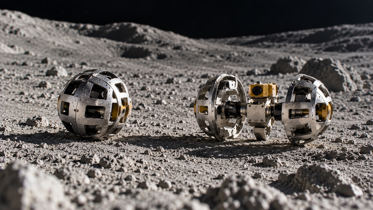 Illustration éditoriale montrant SORA-Q sous forme de sphère compacte puis déployé en rover à deux roues sur la surface lunaire.