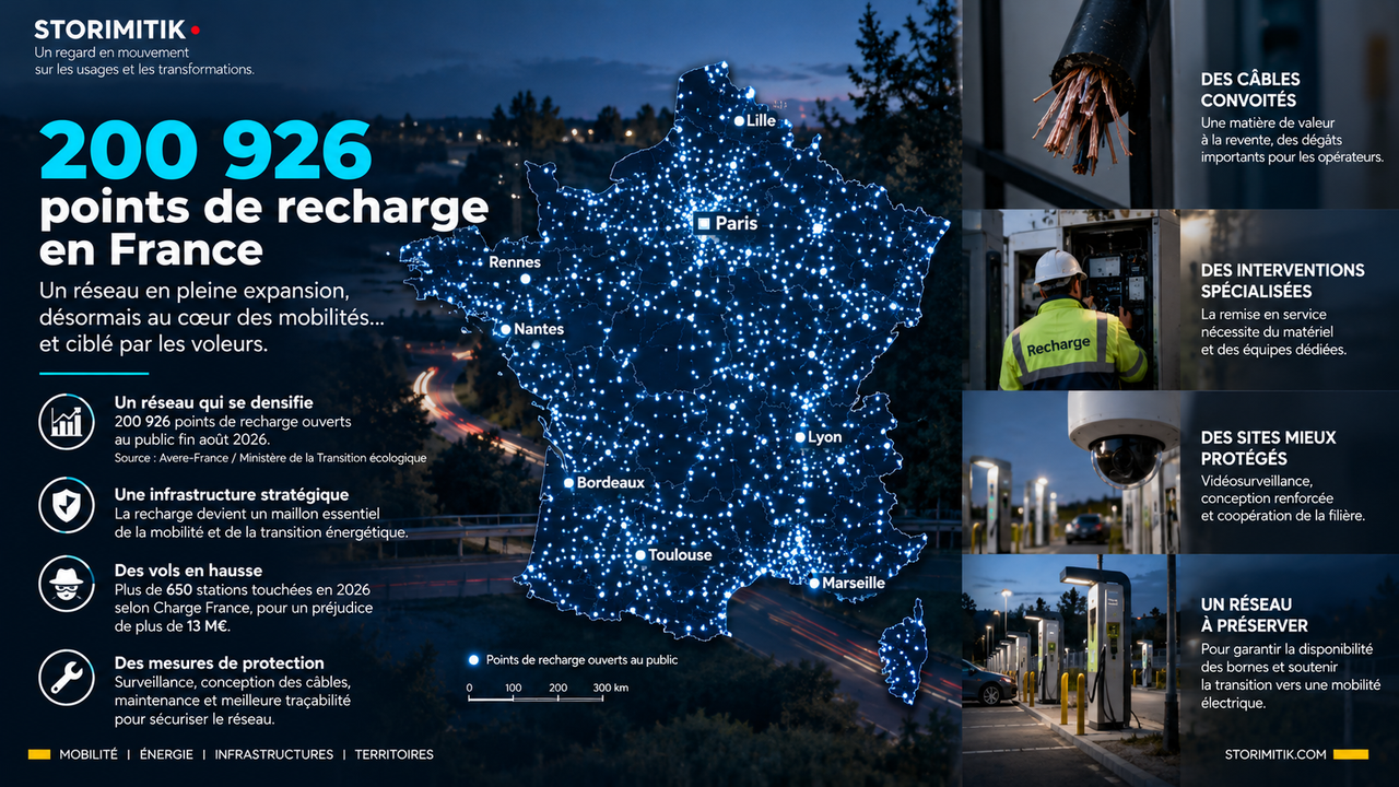 Carte éditoriale illustrative de la France symbolisant la densification du réseau de recharge public et les enjeux de protection physique.