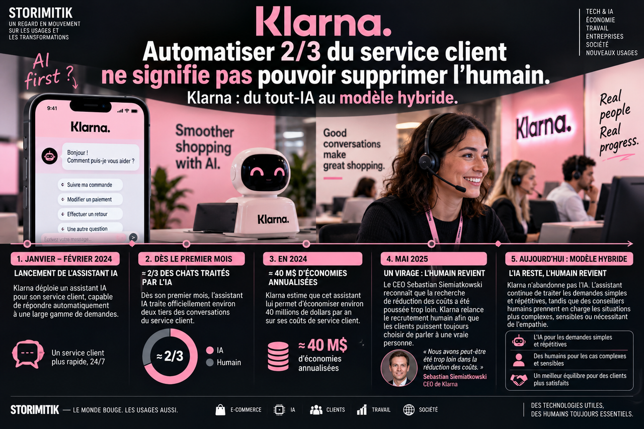 Infographie STORIMITIK retraçant le passage de Klarna d’une automatisation massive du service client à un modèle hybride associant IA et agents humains.