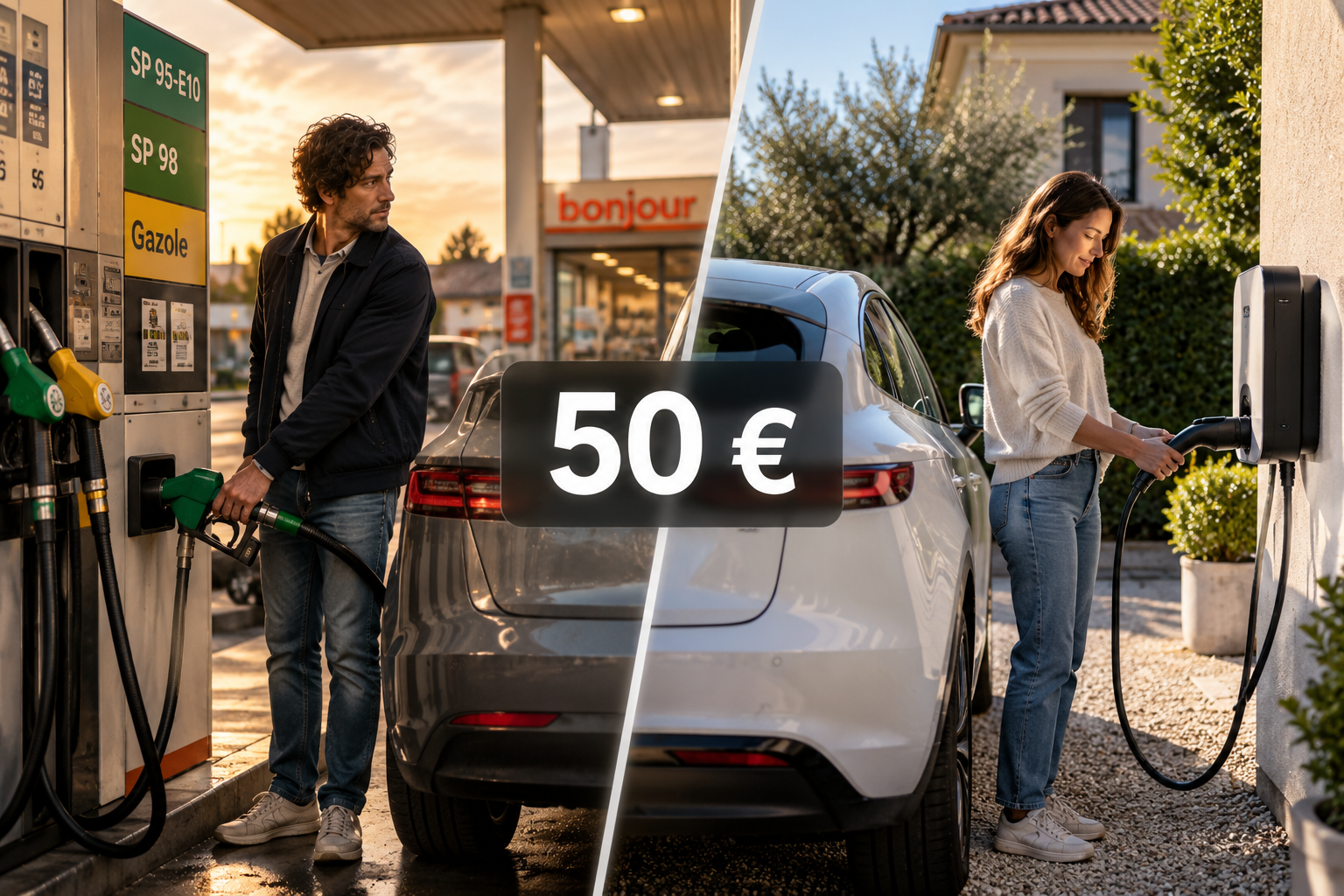 Illustration conceptuelle comparant un plein d’essence et une recharge de voiture électrique à domicile pour un même budget de 50 euros.