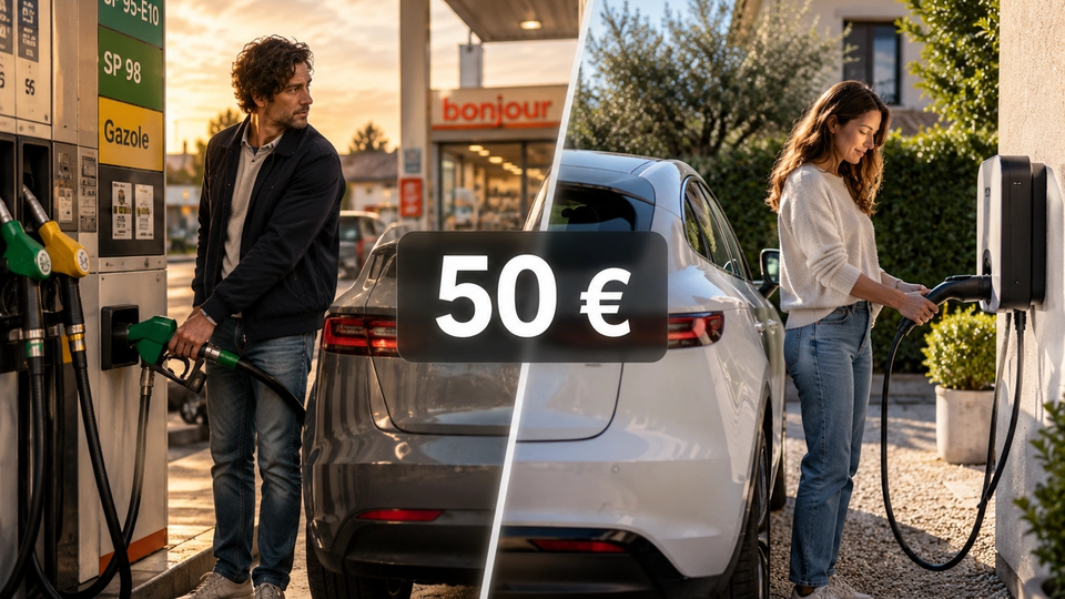 Illustration conceptuelle comparant un plein d’essence et une recharge de voiture électrique à domicile pour un même budget de 50 euros.
