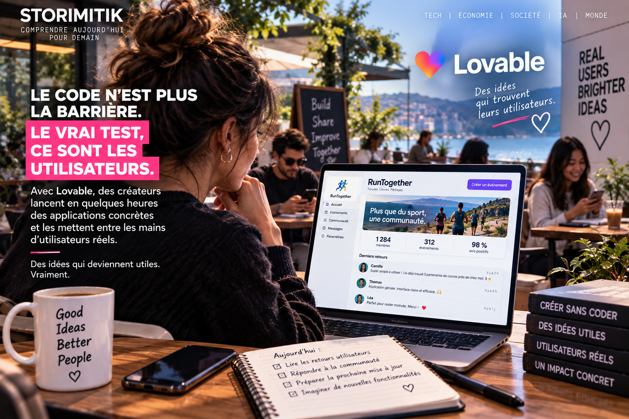 Illustration conceptuelle montrant une créatrice suivant l’usage réel et les retours utilisateurs d’une application construite avec Lovable.