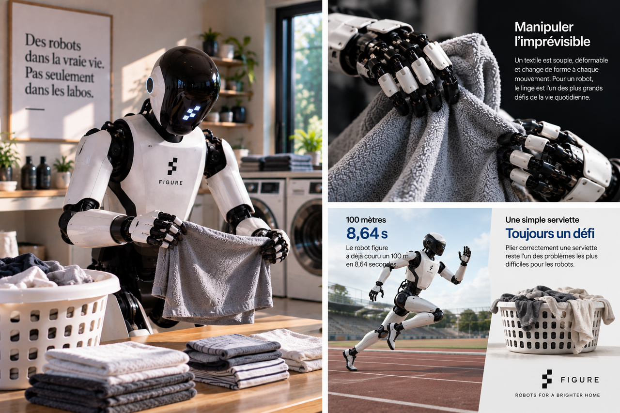 Illustration éditoriale en triptyque montrant un robot humanoïde manipulant du linge, un gros plan sur ses mains et une comparaison avec un sprint de 100 mètres.