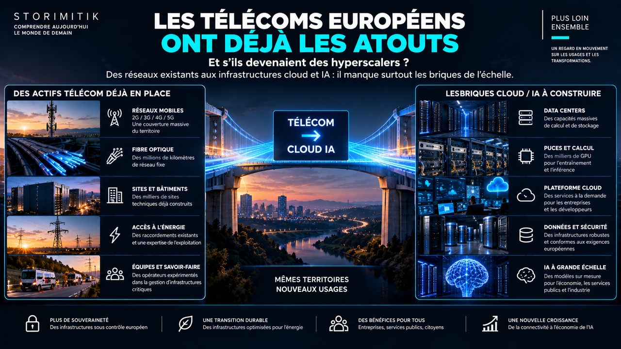 Illustration éditoriale STORIMITIK montrant le passage des actifs télécom existants — fibre, réseaux, sites et énergie — vers les briques cloud et IA à construire.