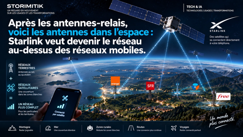 Illustration STORIMITIK montrant un réseau mobile terrestre complété par des satellites en orbite basse communiquant directement avec des téléphones.