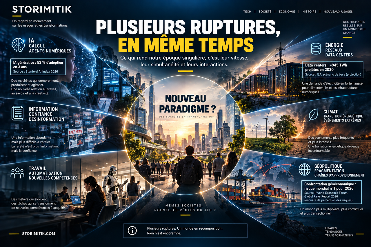 Infographie STORIMITIK montrant la convergence contemporaine de l’intelligence artificielle, de l’énergie, du climat, de la géopolitique, du travail et de l’information.