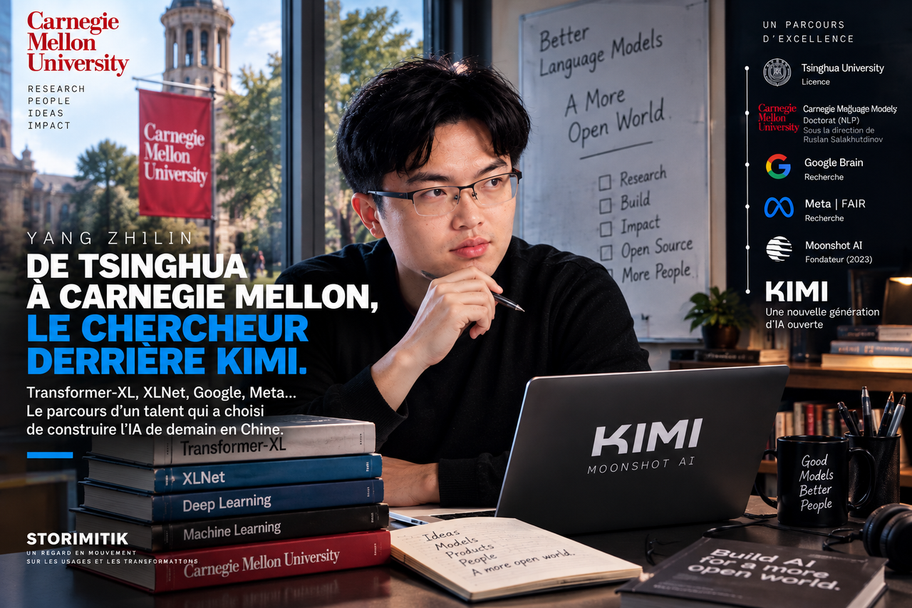 Portrait éditorial généré de Yang Zhilin dans un environnement universitaire fictif évoquant Carnegie Mellon, avec une chronologie de son parcours scientifique.