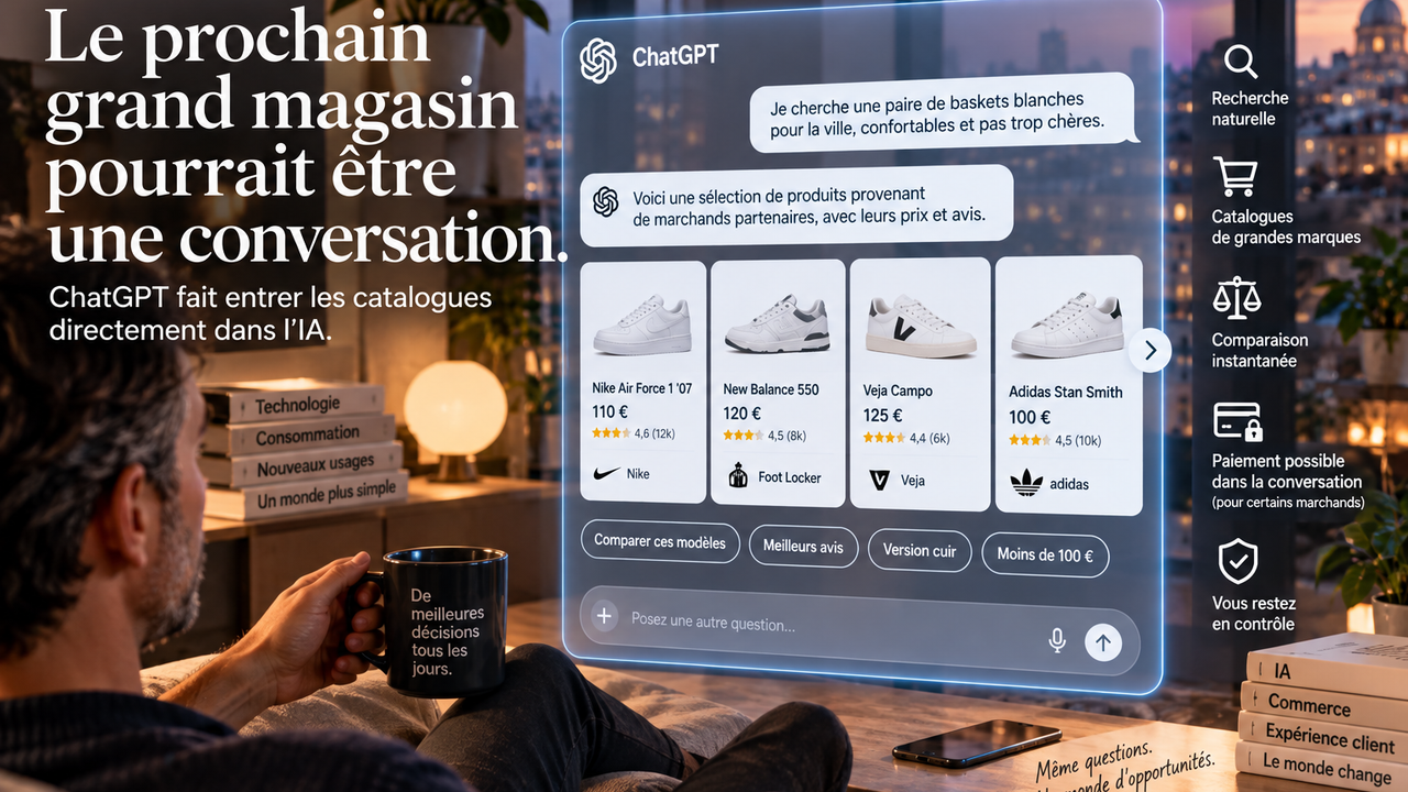 Illustration conceptuelle d’un utilisateur découvrant et comparant des produits directement dans une conversation avec ChatGPT.