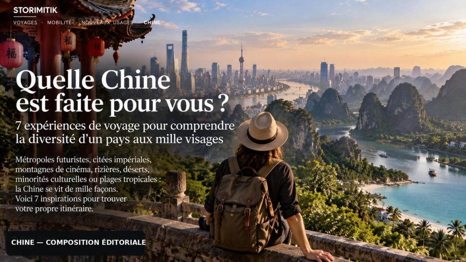 Illustration STORIMITIK d’une voyageuse face à plusieurs univers chinois : mégapole, ville ancienne, montagnes et littoral.