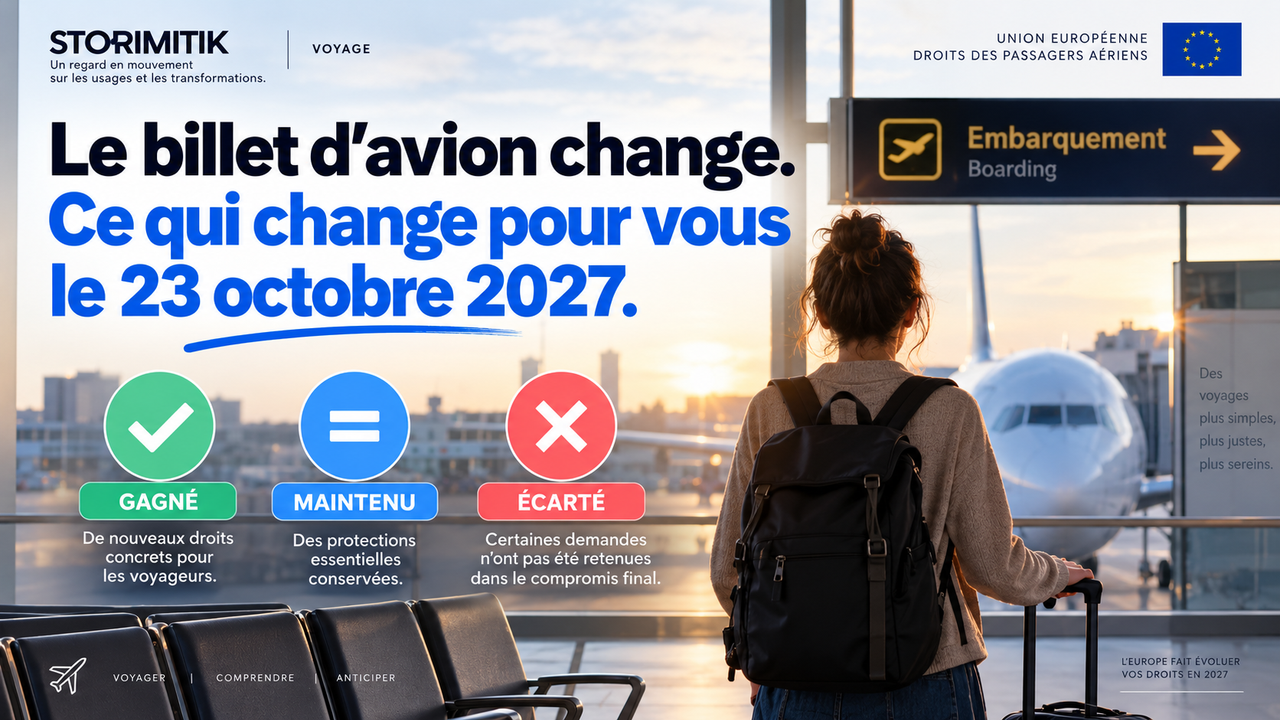 Illustration éditoriale STORIMITIK présentant les changements des droits des passagers aériens applicables le 23 octobre 2027.