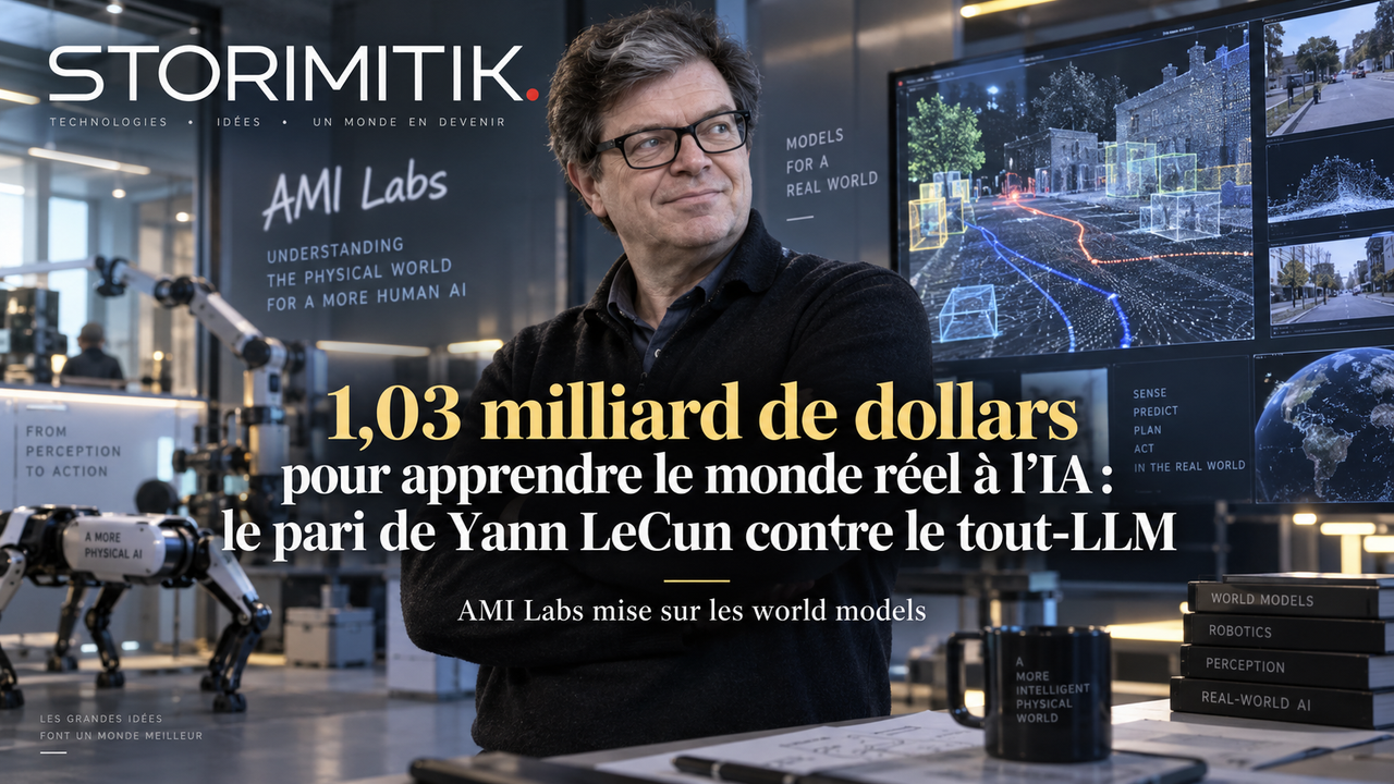 Illustration éditoriale représentant Yann LeCun dans un laboratoire fictif consacré aux world models et à la robotique.