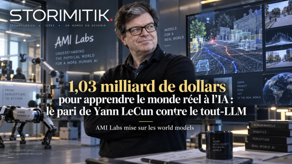 Illustration éditoriale représentant Yann LeCun dans un laboratoire fictif consacré aux world models et à la robotique.