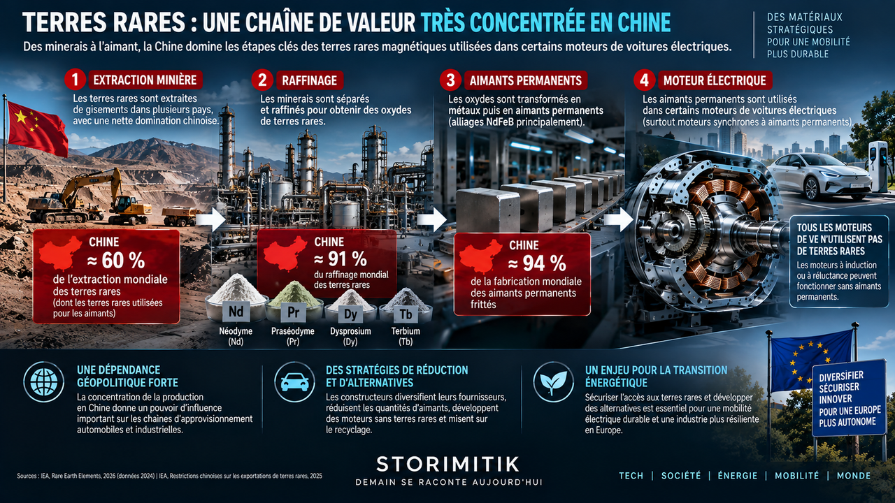Infographie STORIMITIK de la chaîne de valeur des terres rares magnétiques, de l’extraction à la fabrication d’aimants puis au moteur électrique.