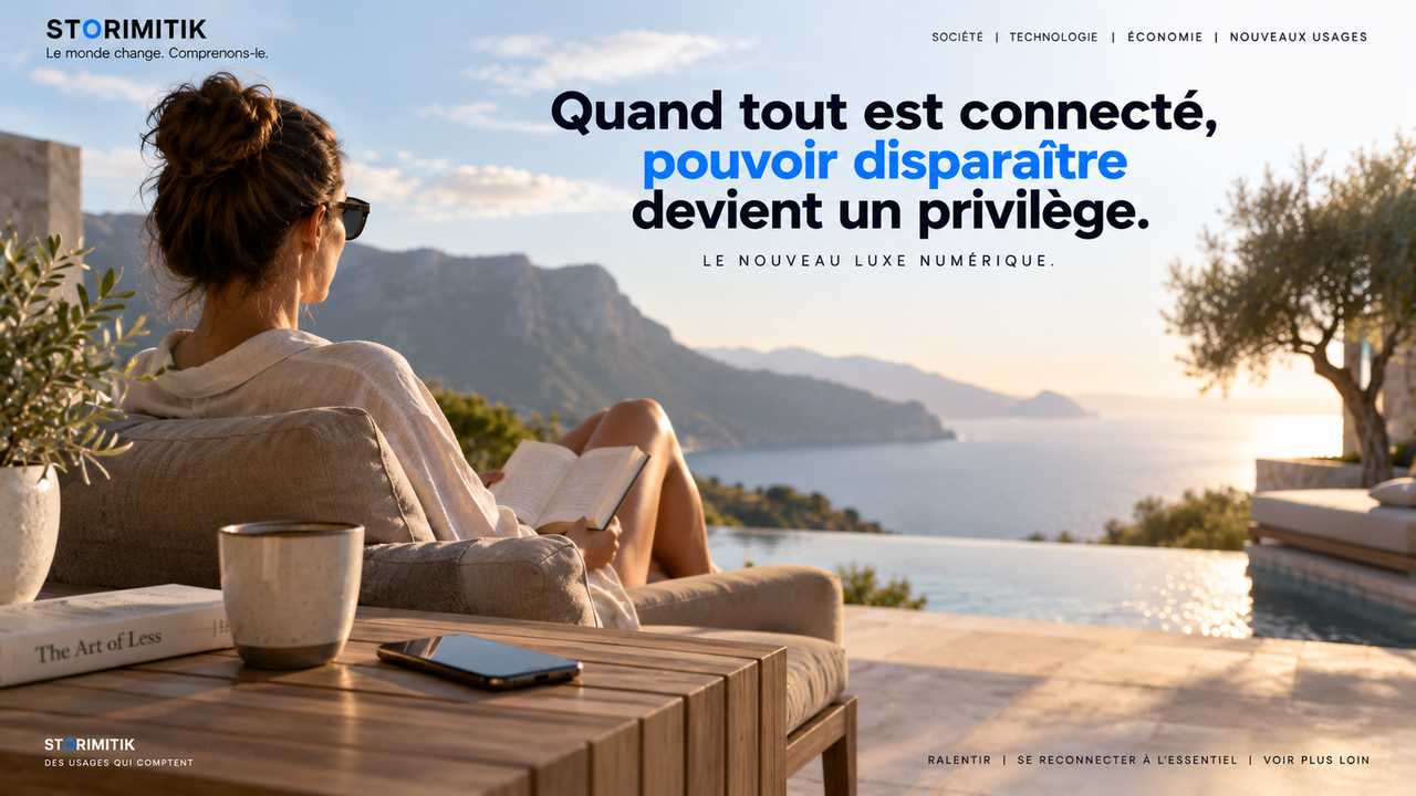 Personne lisant face à un paysage, smartphone posé à distance, pour illustrer la déconnexion comme nouveau luxe.