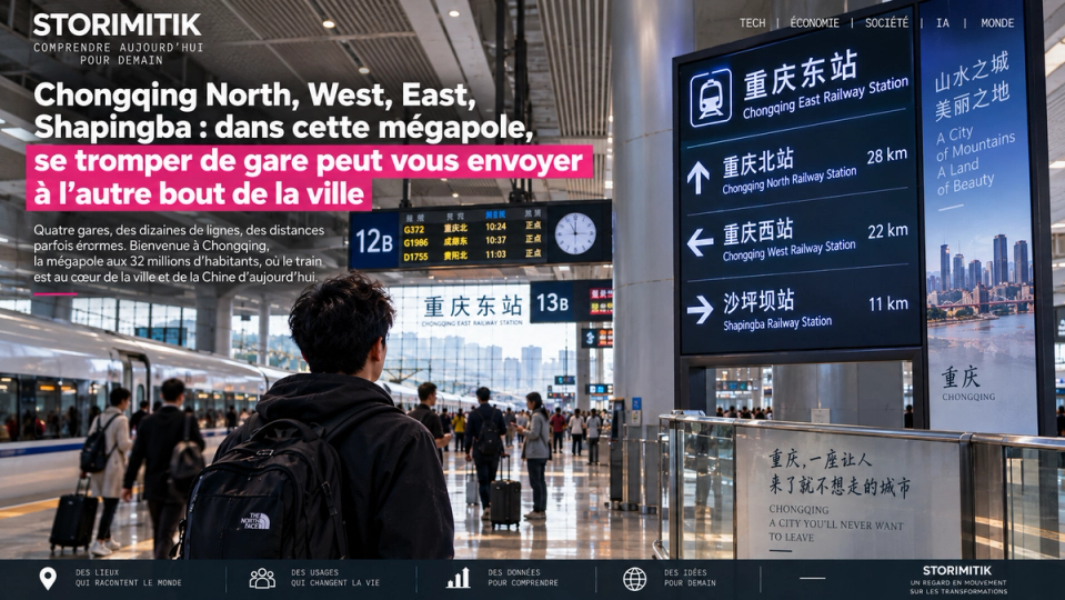 Illustration éditoriale d’un voyageur dans une grande gare de Chongqing confronté au choix entre plusieurs terminaux ferroviaires.
