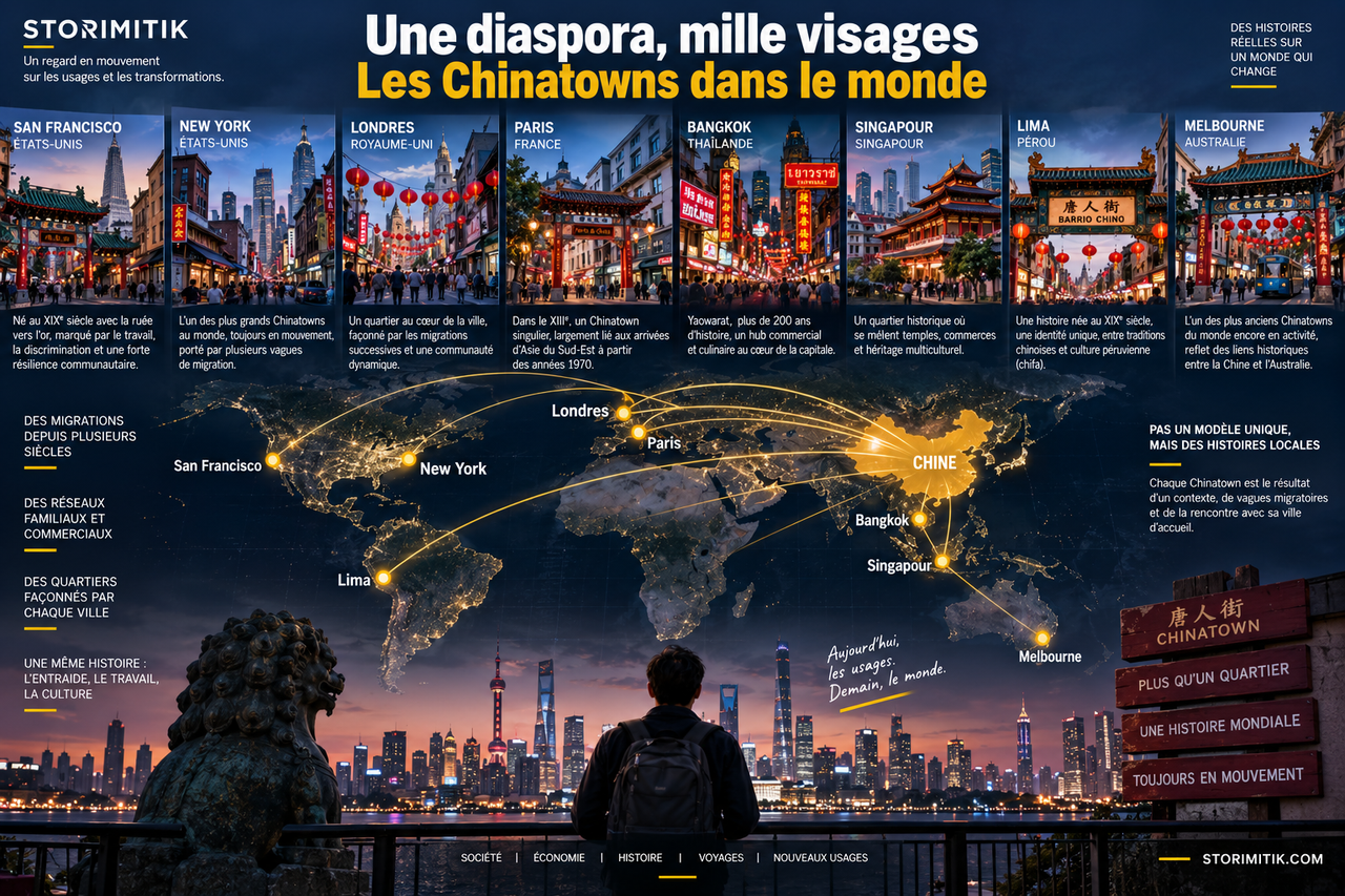 Carte éditoriale STORIMITIK reliant huit Chinatowns contemporains à travers le monde pour représenter symboliquement la diaspora chinoise.