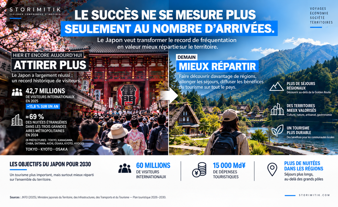 Infographie STORIMITIK opposant la concentration touristique actuelle du Japon à une meilleure répartition future vers les régions, avec 42,7 millions de visiteurs et 69 % des nuitées étrangères dans les trois grandes aires métropolitaines en 2024.
