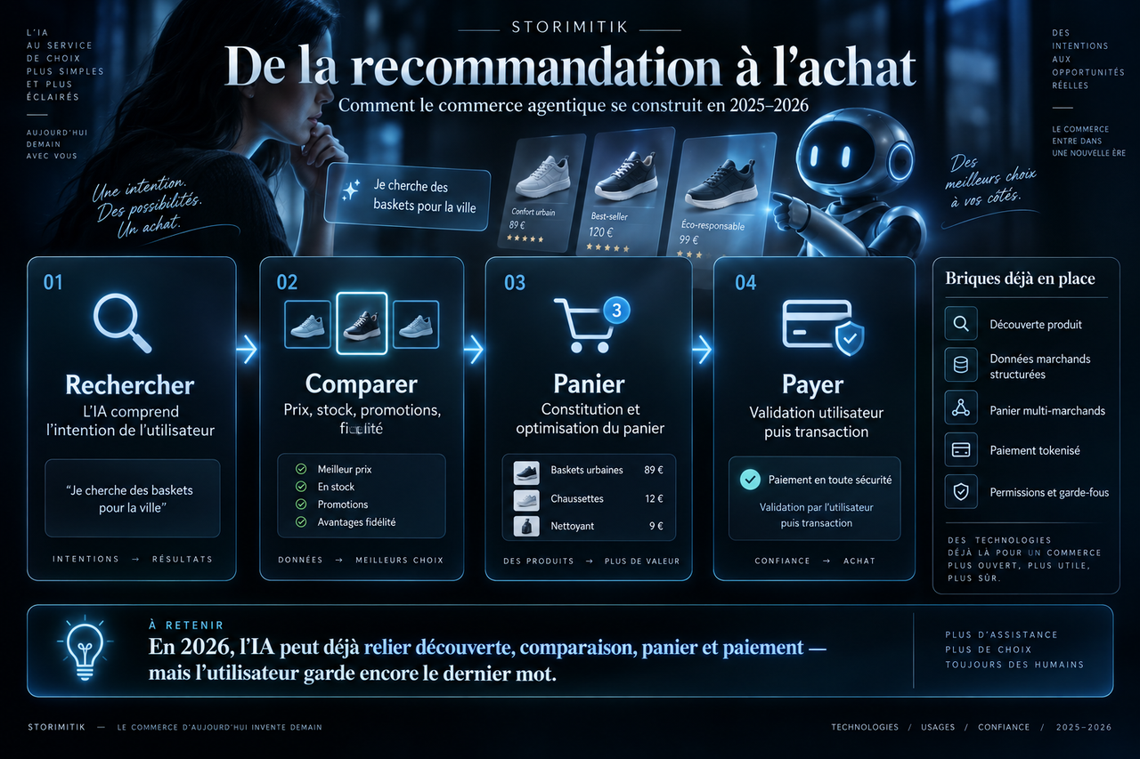 Infographie montrant les quatre étapes du commerce agentique : rechercher, comparer, constituer un panier et payer avec validation de l’utilisateur.