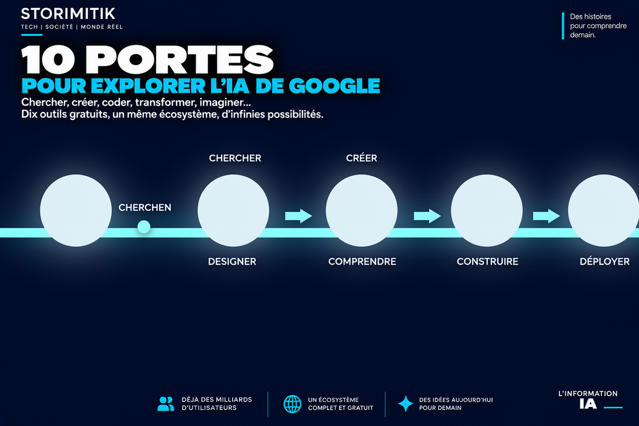 Illustration STORIMITIK représentant une chaîne de travail IA allant de la recherche au déploiement.