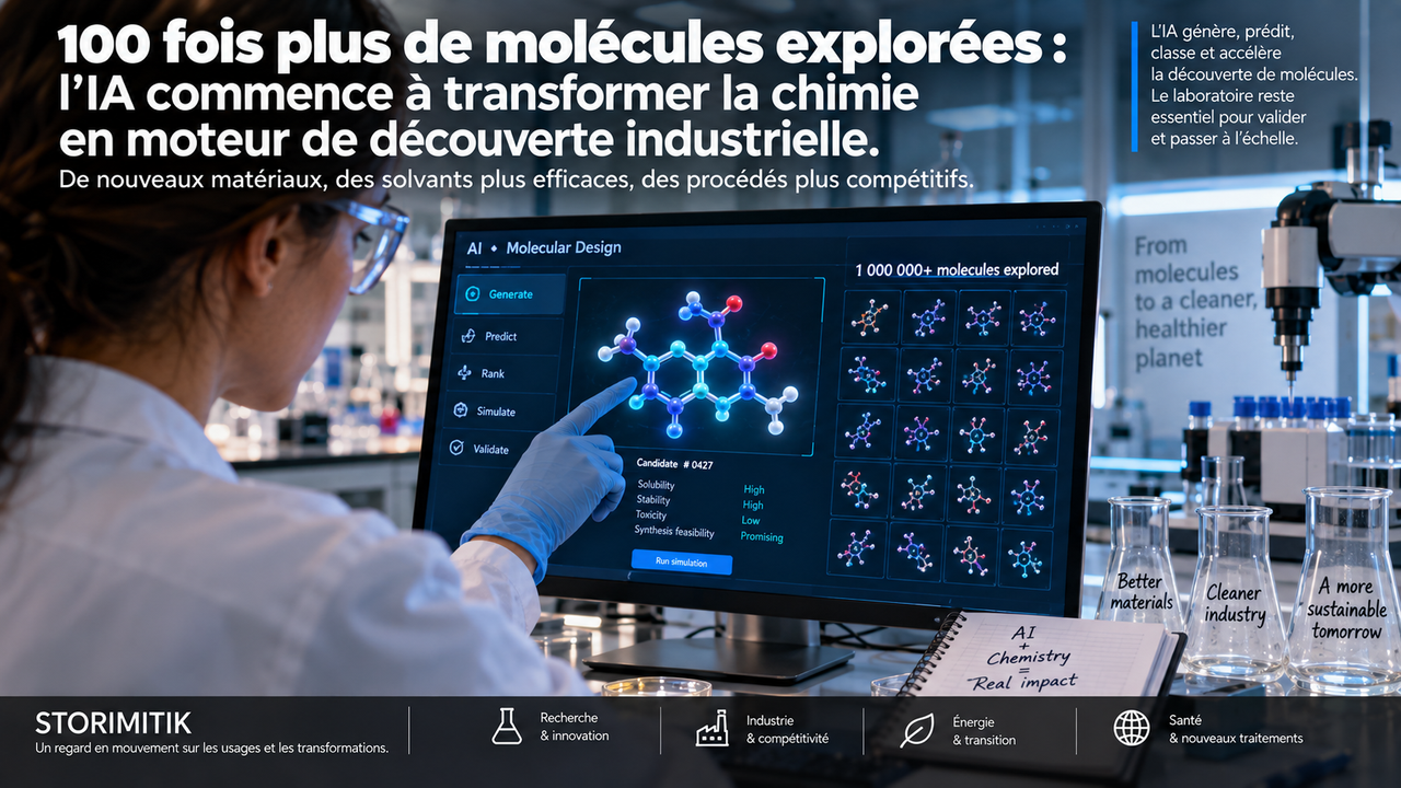 Illustration STORIMITIK d’un laboratoire de chimie utilisant l’intelligence artificielle pour explorer et classer de nombreux candidats moléculaires.