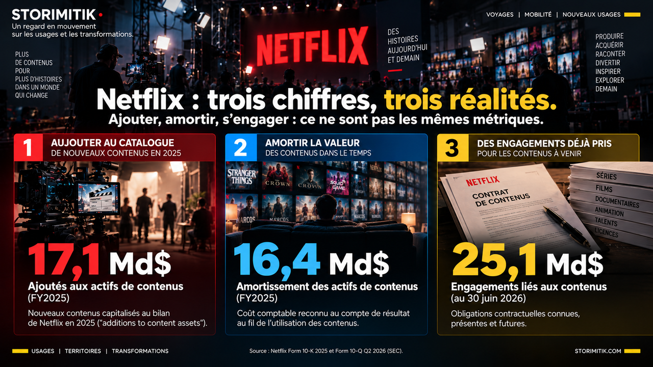 Infographie STORIMITIK comparant trois métriques Netflix : additions aux actifs de contenus, amortissement et engagements futurs.