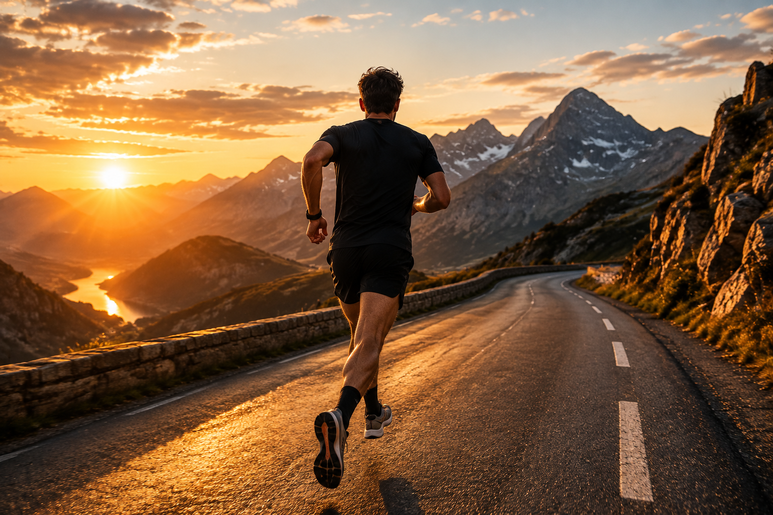 Coureur sur une route de montagne au coucher du soleil