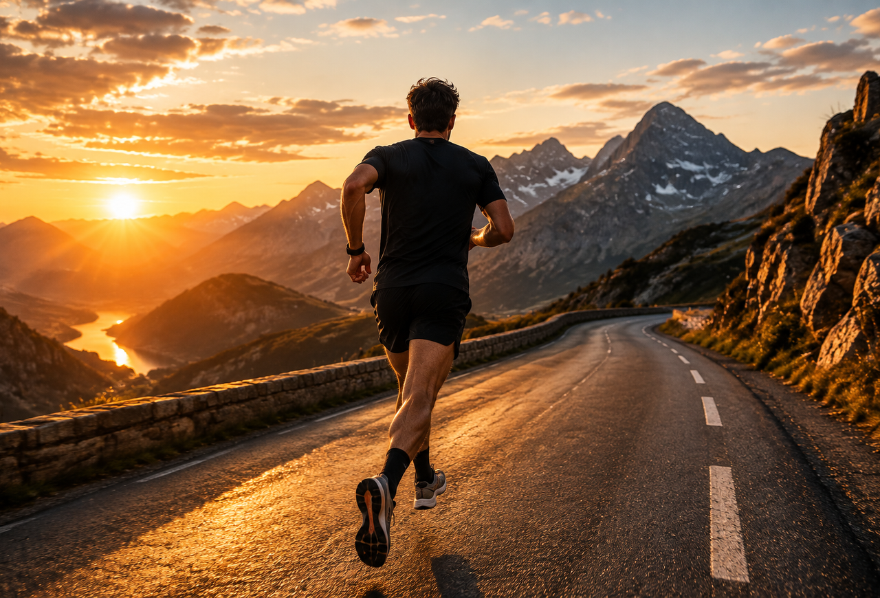 Coureur sur une route de montagne au coucher du soleil