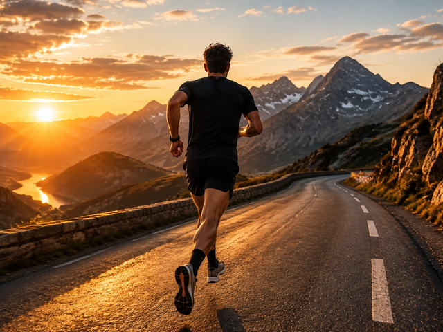 Coureur sur une route de montagne au coucher du soleil