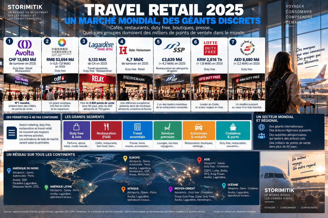 Panorama DATA STORIMITIK 2025 des principaux groupes du travel retail avec leurs métriques publiées et les grands segments du secteur.