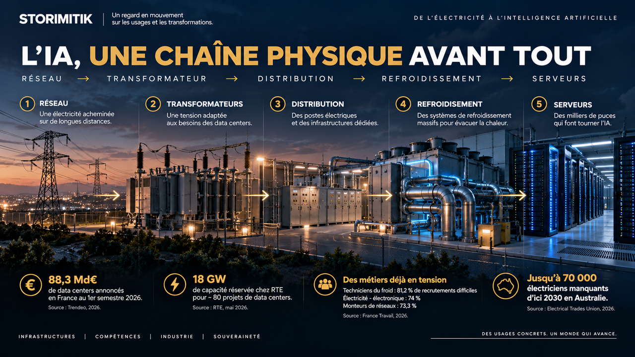 Illustration éditoriale STORIMITIK montrant la chaîne physique nécessaire à l’IA : réseau électrique, transformateurs, distribution, refroidissement et serveurs.