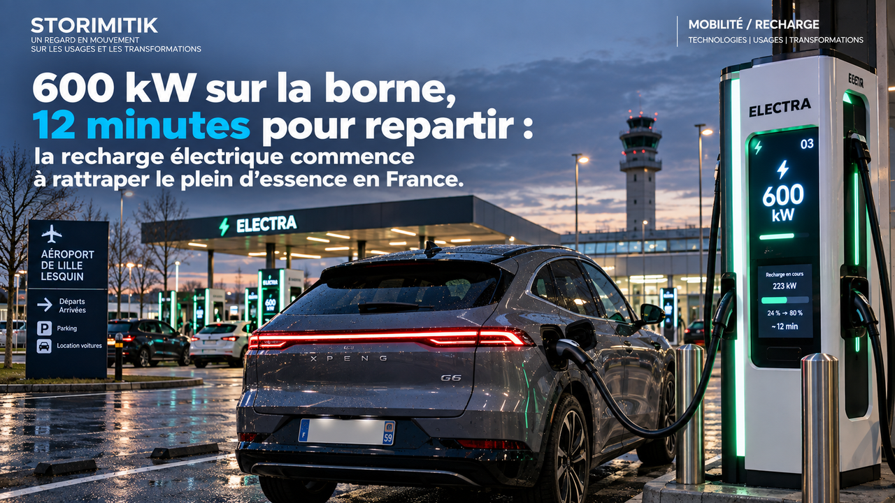 Illustration STORIMITIK d’une voiture électrique en recharge sur une station ultra-rapide de 600 kW en France.
