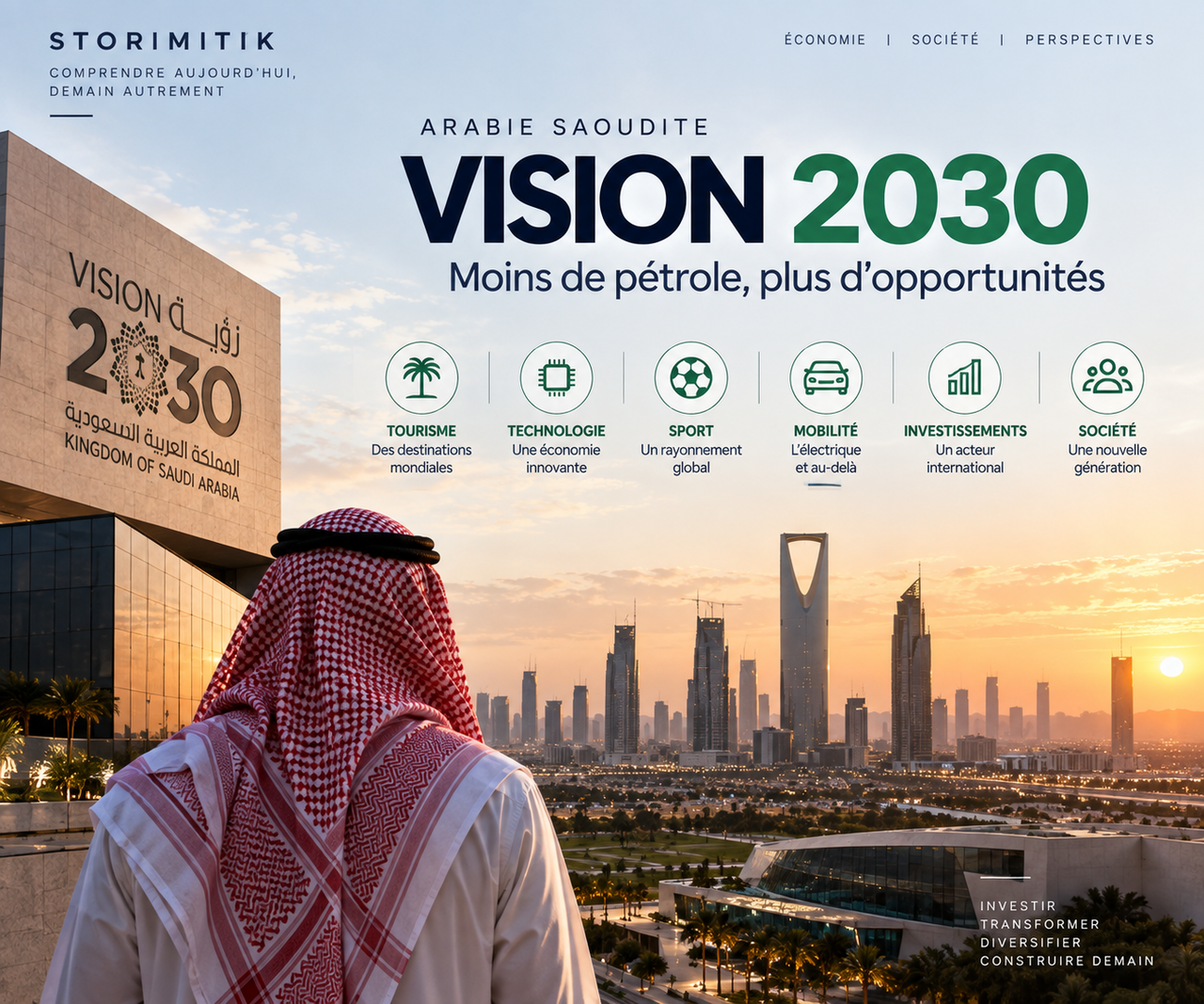 Illustration éditoriale de Riyad et de Vision 2030 mettant en avant tourisme, technologie, sport, mobilité, investissement et société.